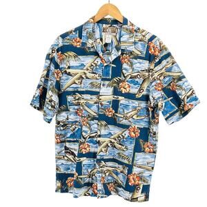Vintage 90s Kalaheo Blue WWII Warbird Hibiscus Hawaiian Button Down Shirt